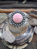 Sterling Silver Pink Conch Round Stone Stamped Cuff Bracelet by Paul Livingston