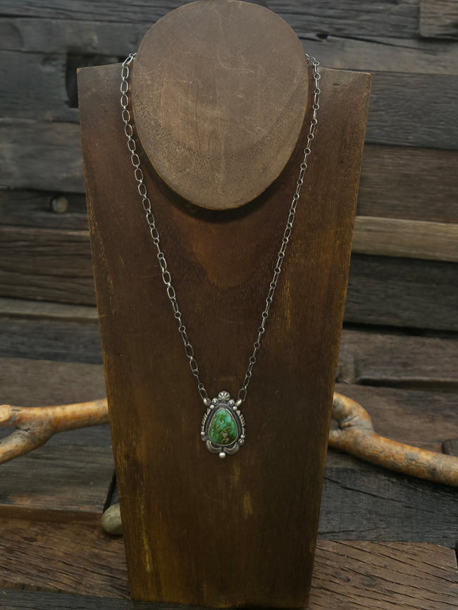 Stamped Sterling Silver and Sonoran Turquoise Pendant Necklace by Daniel Benally - 18 in.