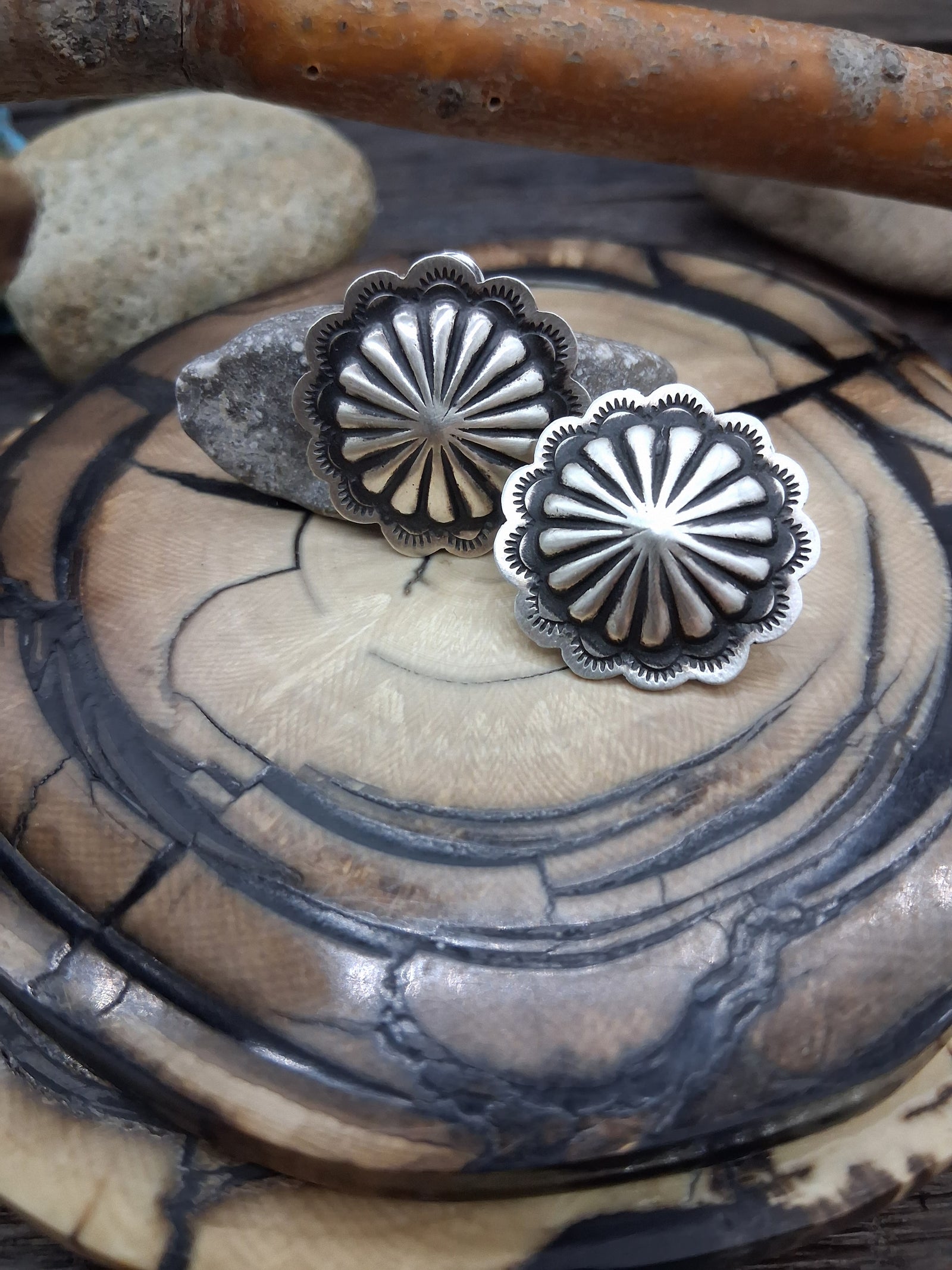 Sterling Silver Navajo Concho Earrings (1") Repousse by Rhonda Largo