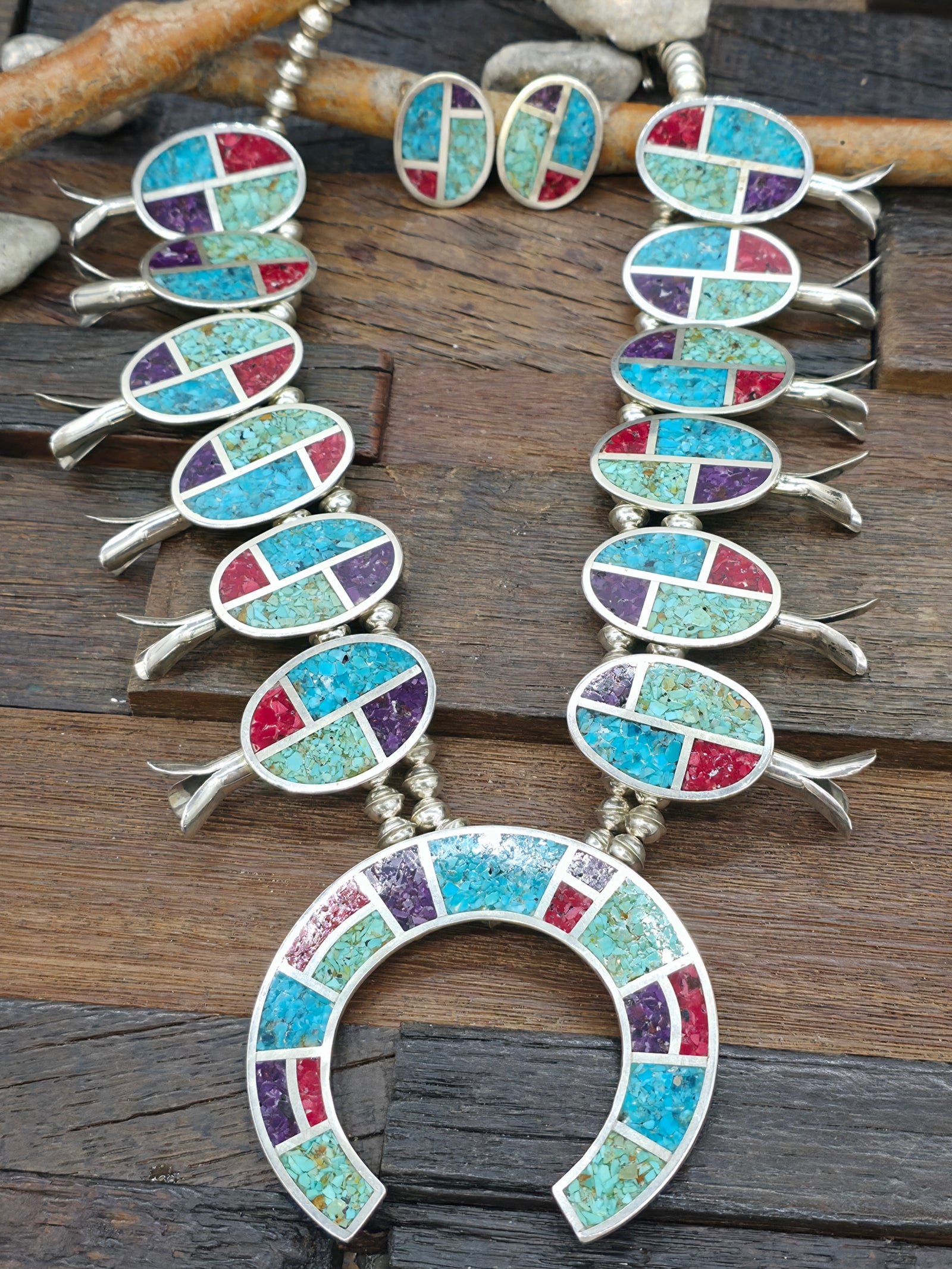 Sterling Silver Turquoise Chip Inlay Squash Blossom Necklace and Earring Set by Leslie Nez - 26 in.