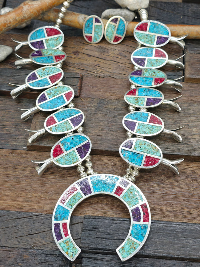 Sterling Silver Turquoise Chip Inlay Squash Blossom Necklace and Earring Set by Leslie Nez - 26 in.