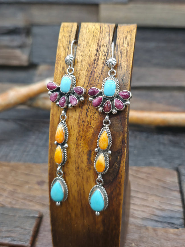 Sterling Silver, Turquoise, Purple and Orange Spiny Earrings by Ella Linkin - 3 3/4 in. by 5/8 in.