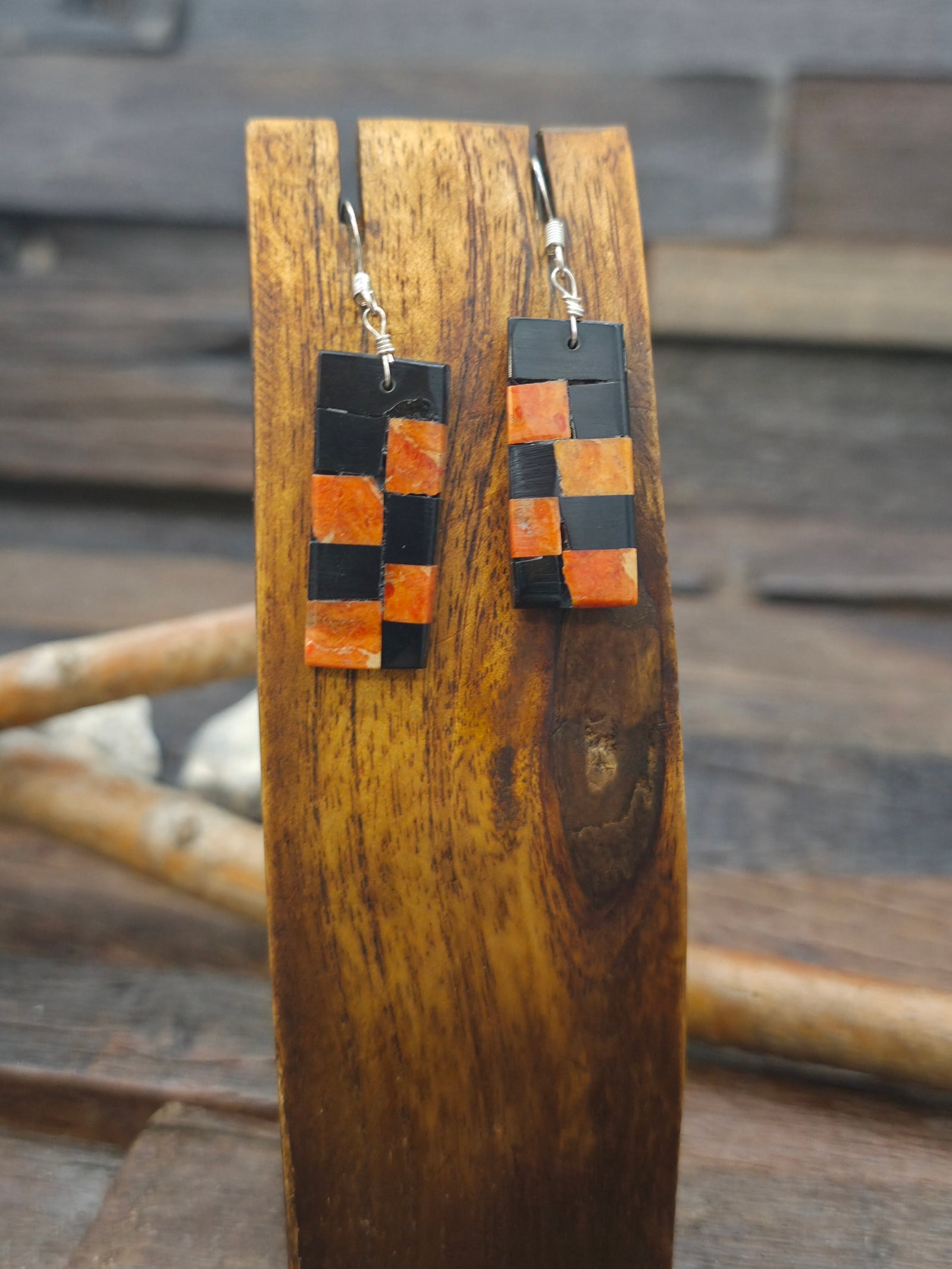 Jet and Apple Coral Checkerboard Mosaic Inlay Earrings by Lupita Calabaza - 2 in. by 1/2 in.