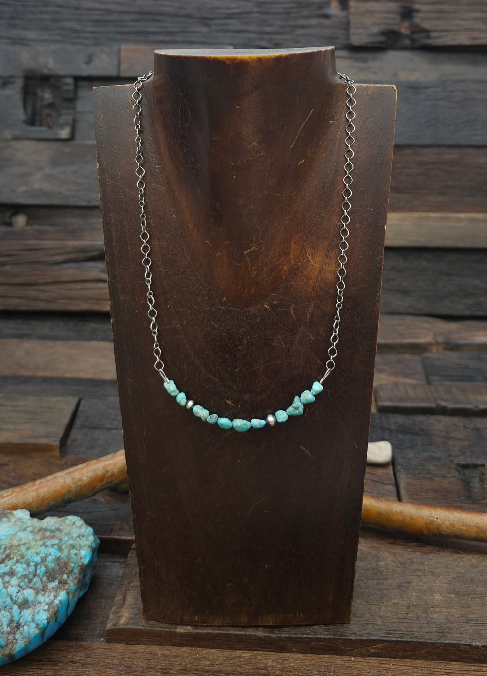 Mini Turquoise Nugget and Sterling Silver Bead Necklace on Sterling Silver Chain - 17 1/2 in.