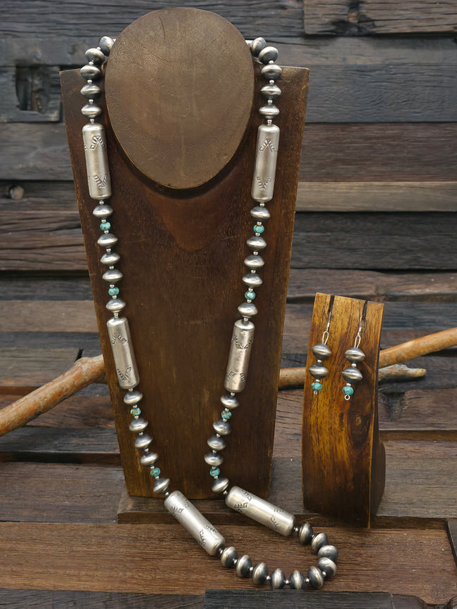 Stamped Sterling Silver and Blue Turquoise Bead Necklace and Earring Set by Sharon Cooley - 33 in.