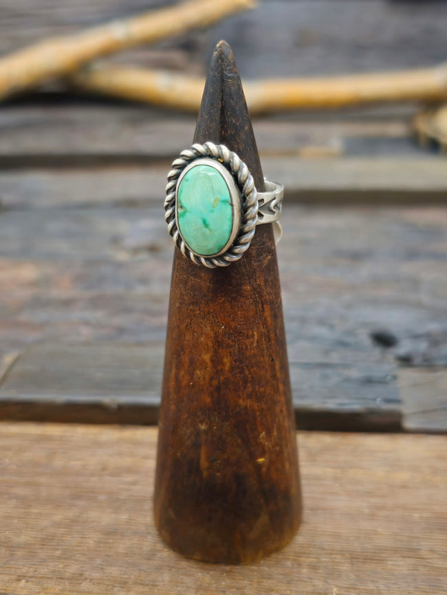 Green Turquoise Sterling Silver Ring with Stamped Shank - Size 6