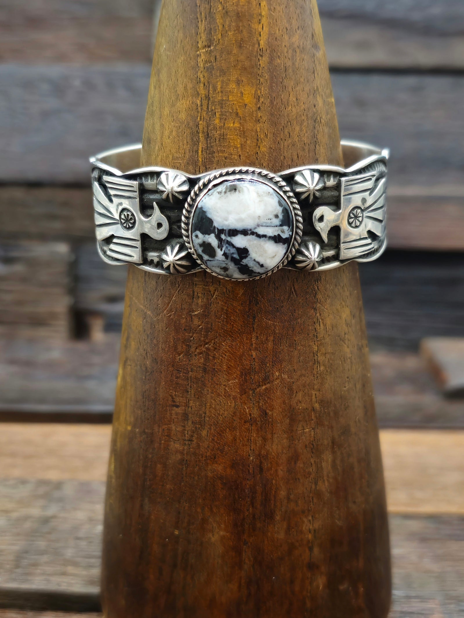 Sterling Silver White Buffalo Thunderbird Bracelet by Andy Cadman
