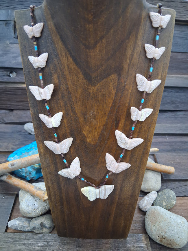 Tan Butterfly Olive Shell Turquoise Strand Necklace 26in by Larry Cisca