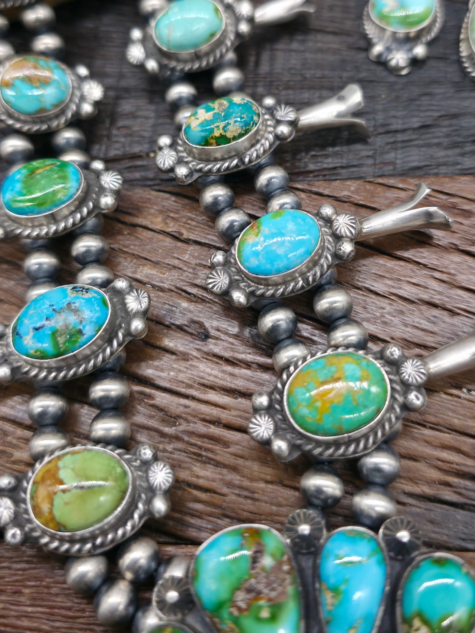 Sterling Silver Sonoran Turquoise Squash Blossom Necklace and Earring Set by Theresa Smith - 22 in.