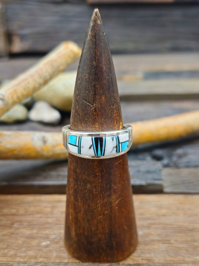 White Buffalo, Onyx, and Turquoise Inlay Sterling Silver Ring by Rick T. - Size 12