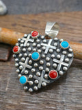 Sterling Silver Raindrop Heart Pendant with Turquoise and Coral by Geneva Apachito