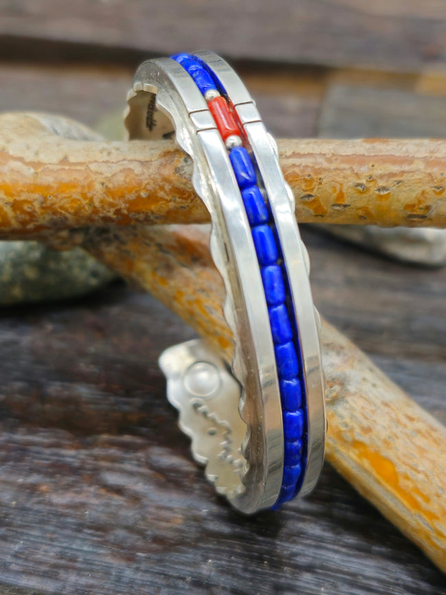 Lapis and Coral Inlay Sterling Silver Cuff by A. Brokeshoulder - 6 in.
