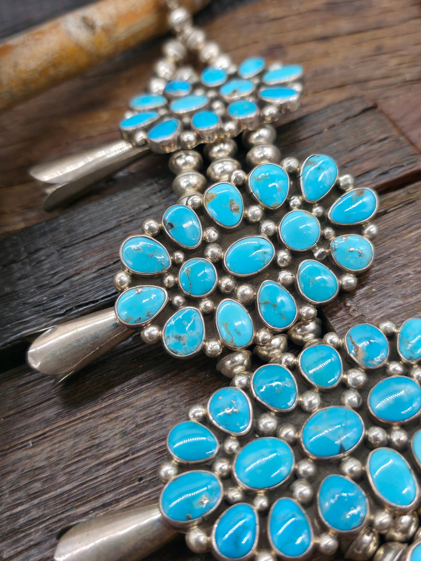 Sterling Silver Turquoise Cluster Squash Blossom Necklace by Melvin and Tiffany Jones - 26 in.
