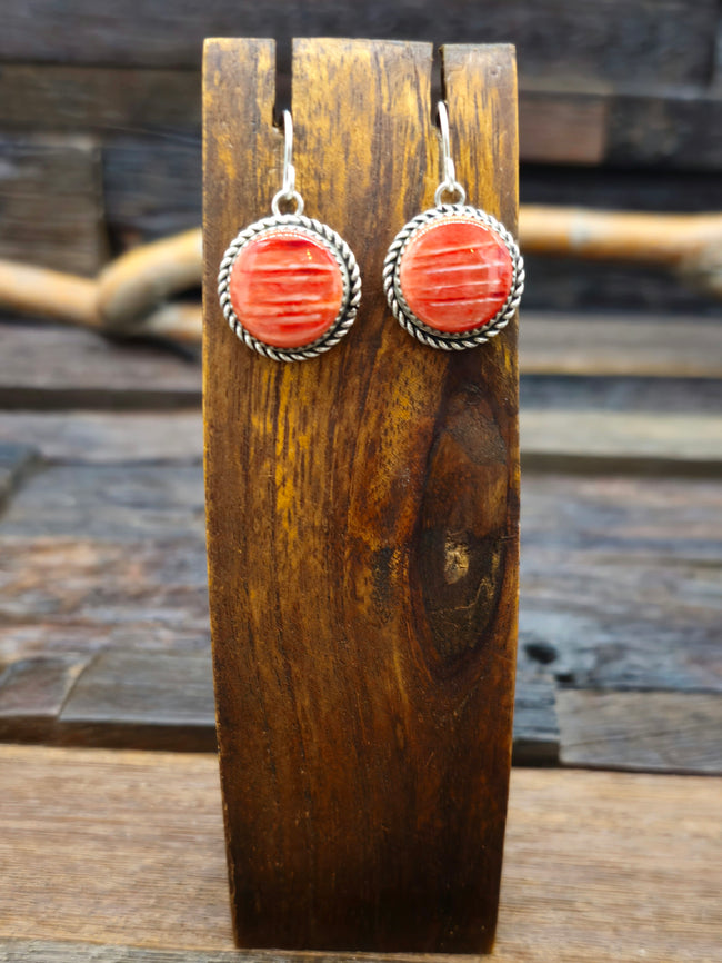 Red Spiny Oyster and Sterling Silver Circular Dangle Earrings by Rosella Paxton - 1 1/2 in.