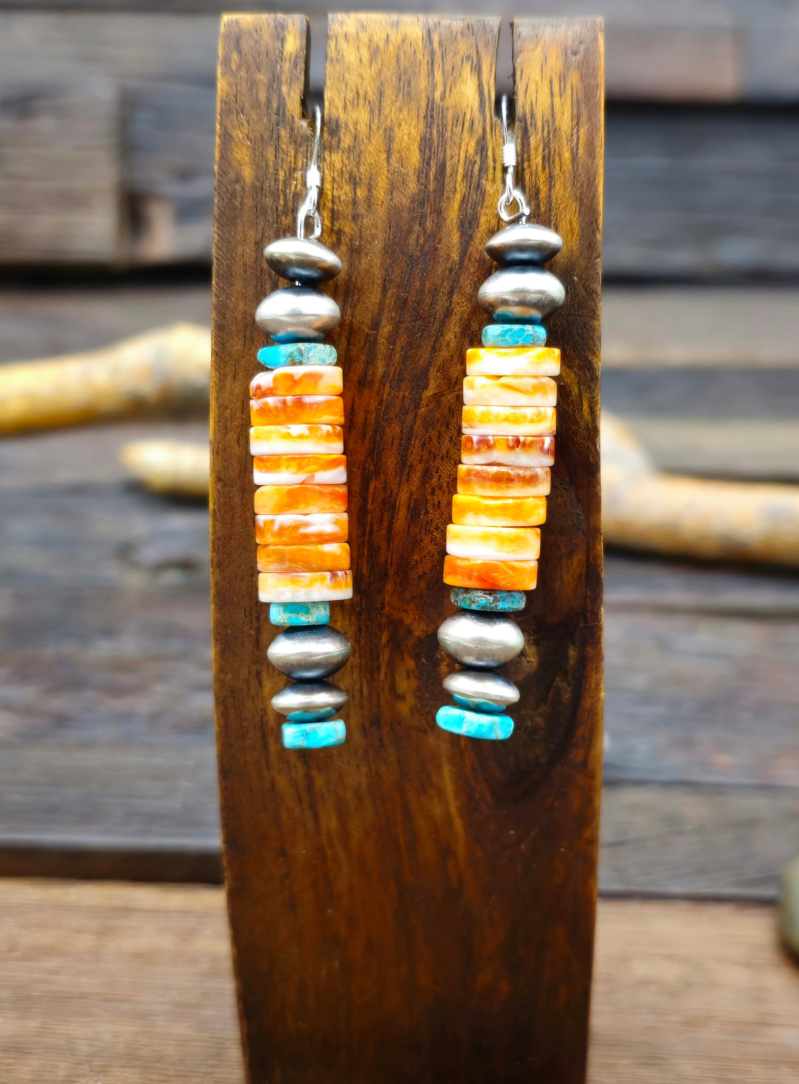 Spiny Oyster, Turquoise and Sterling Silver Bead Earrings