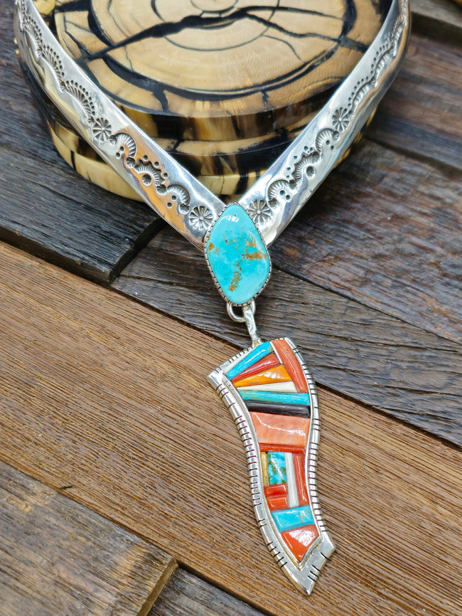 Sterling Silver Stamped Collar Necklace with Cobblestone Inlay Pendant by David Tune - 15 in.