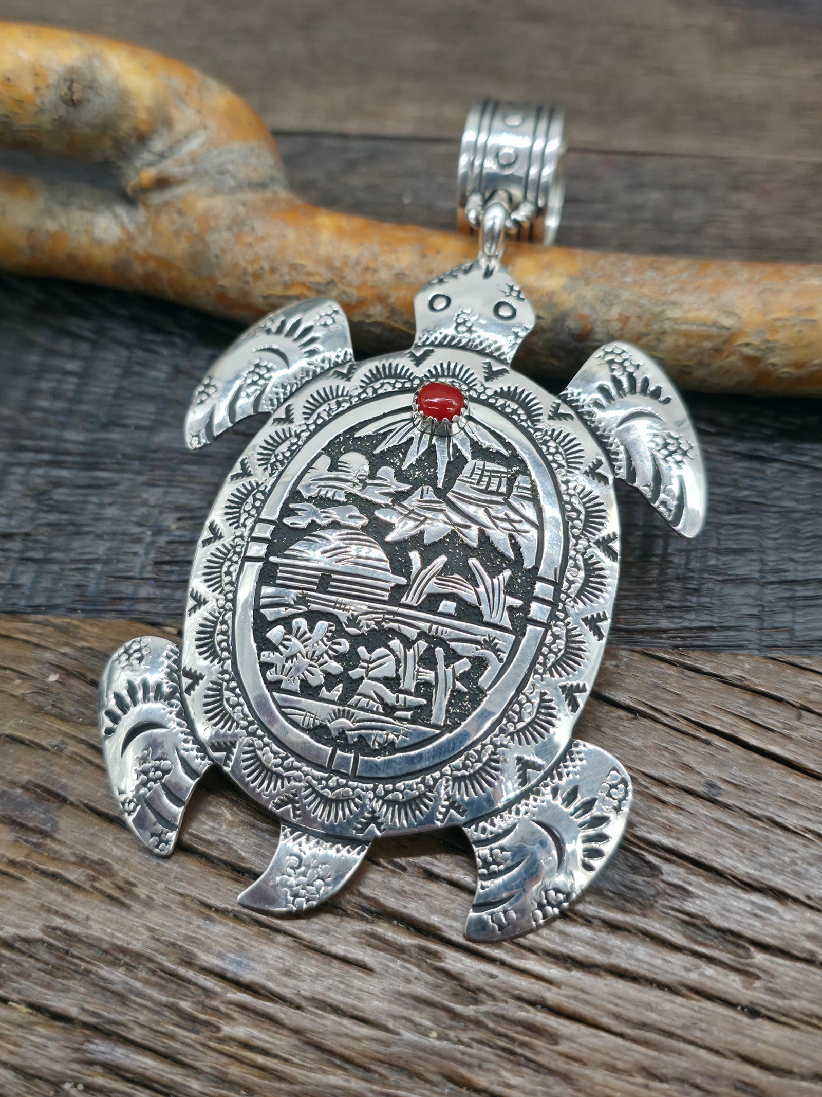 Large Sterling Silver and Coral Turtle Pendant by Richard Singer - 4 1/2 in. by 2 1/2 in.