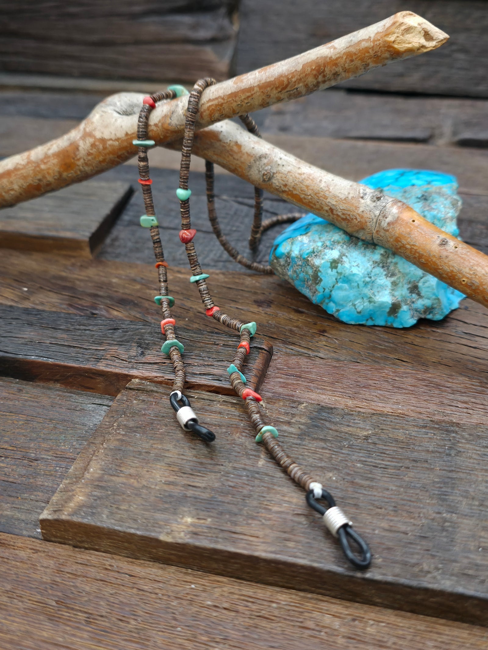 Spiny Oyster and Turquoise Dark Heishi Eyeglass Chain by Raymond Bird - 25 in.