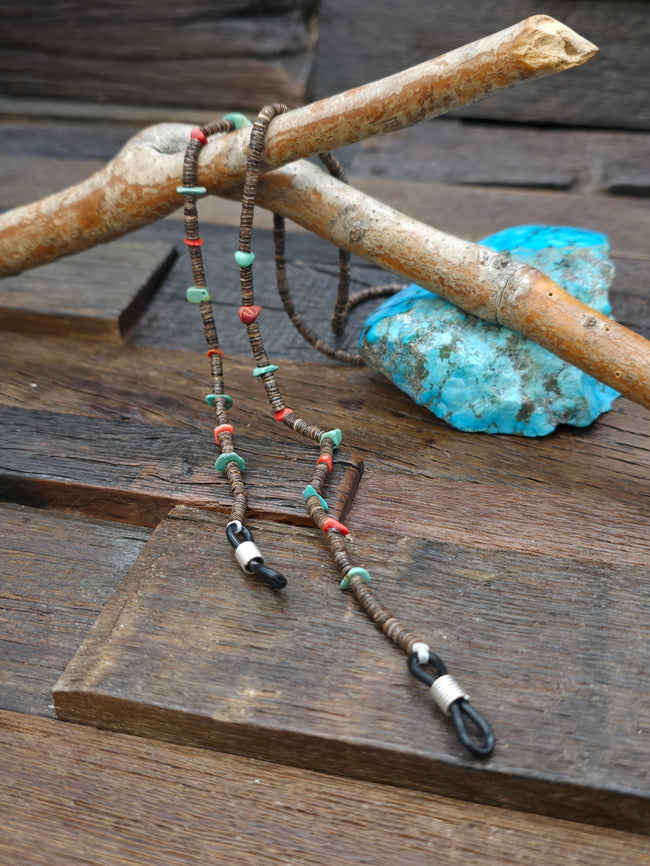 Spiny Oyster and Turquoise Dark Heishi Eyeglass Chain by Raymond Bird - 25 in.