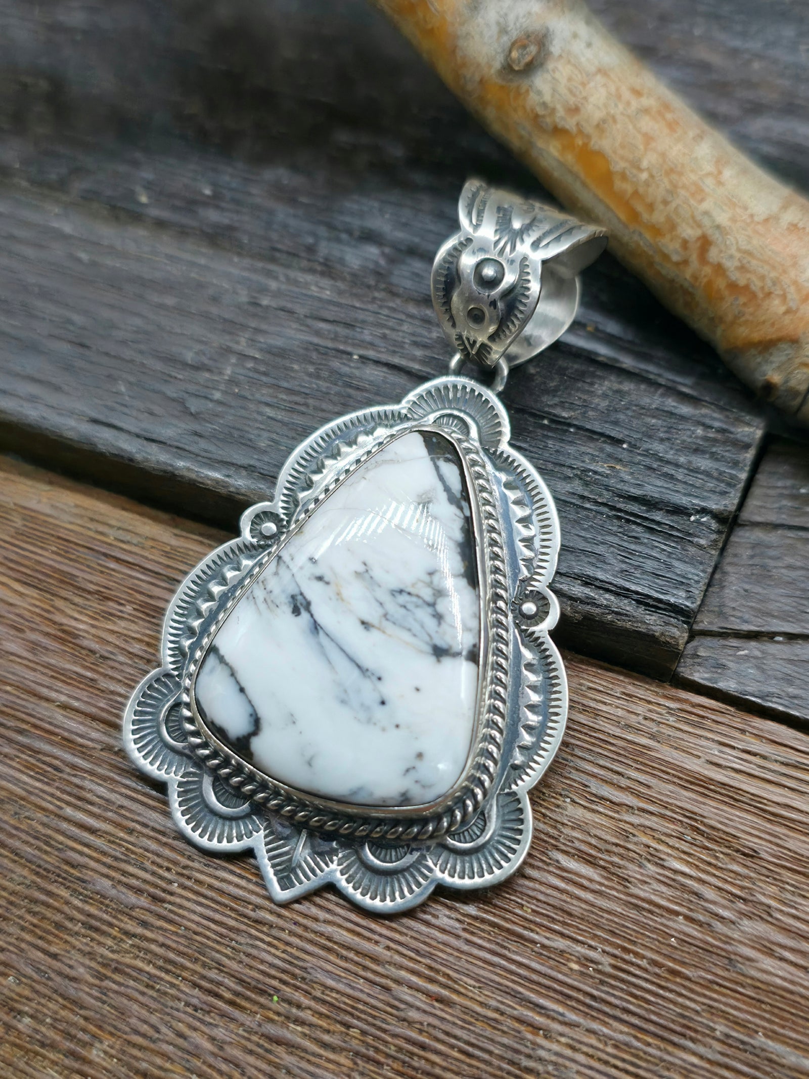 Stamped Sterling Silver White Buffalo Pendant by Happy Piasso