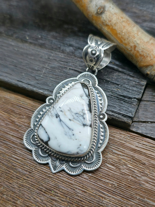 Stamped Sterling Silver White Buffalo Pendant by Happy Piasso