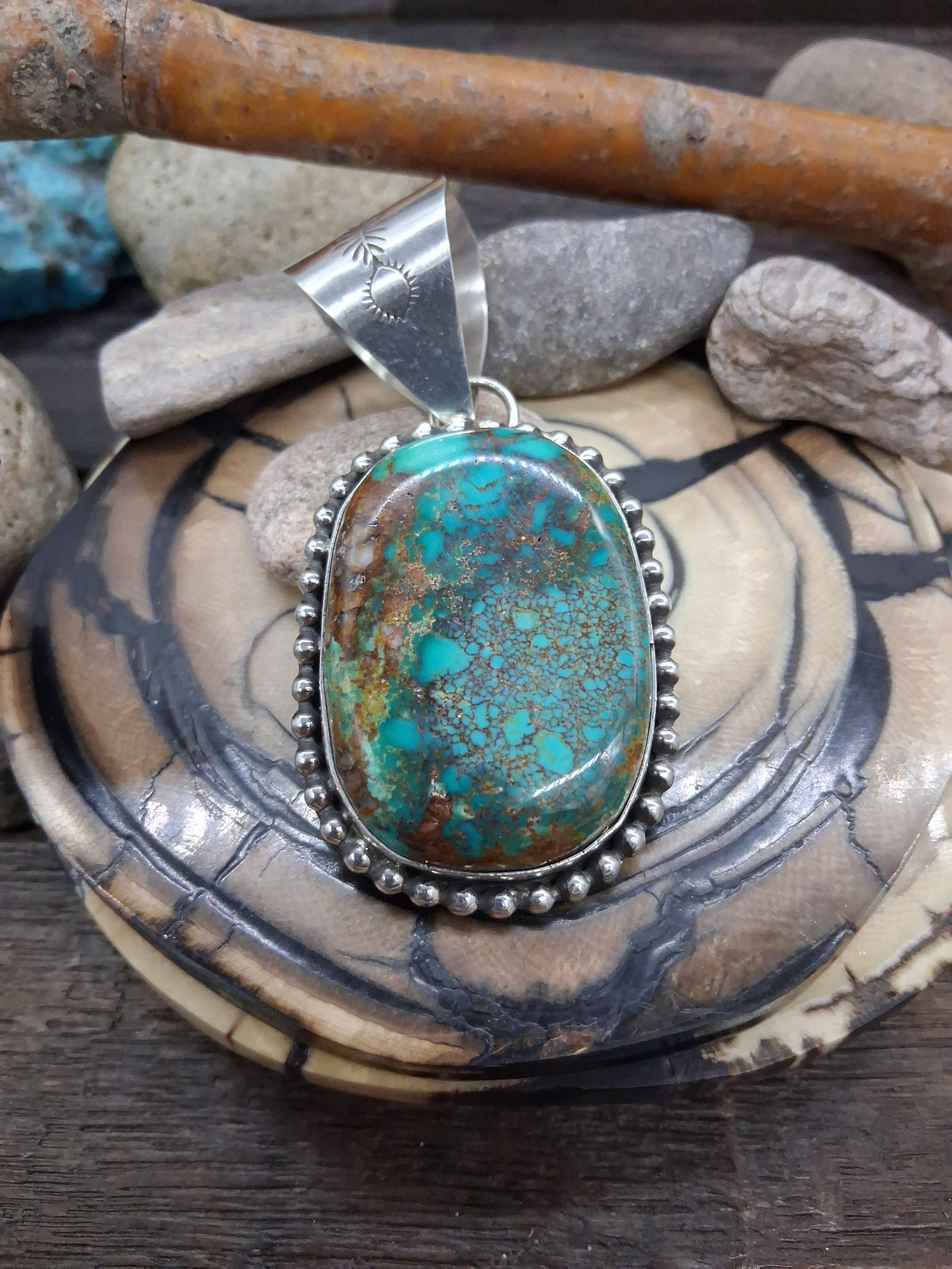 Sterling Silver Rectangular Turquoise Raindrop Border Pendant by Leonard Platero 3"