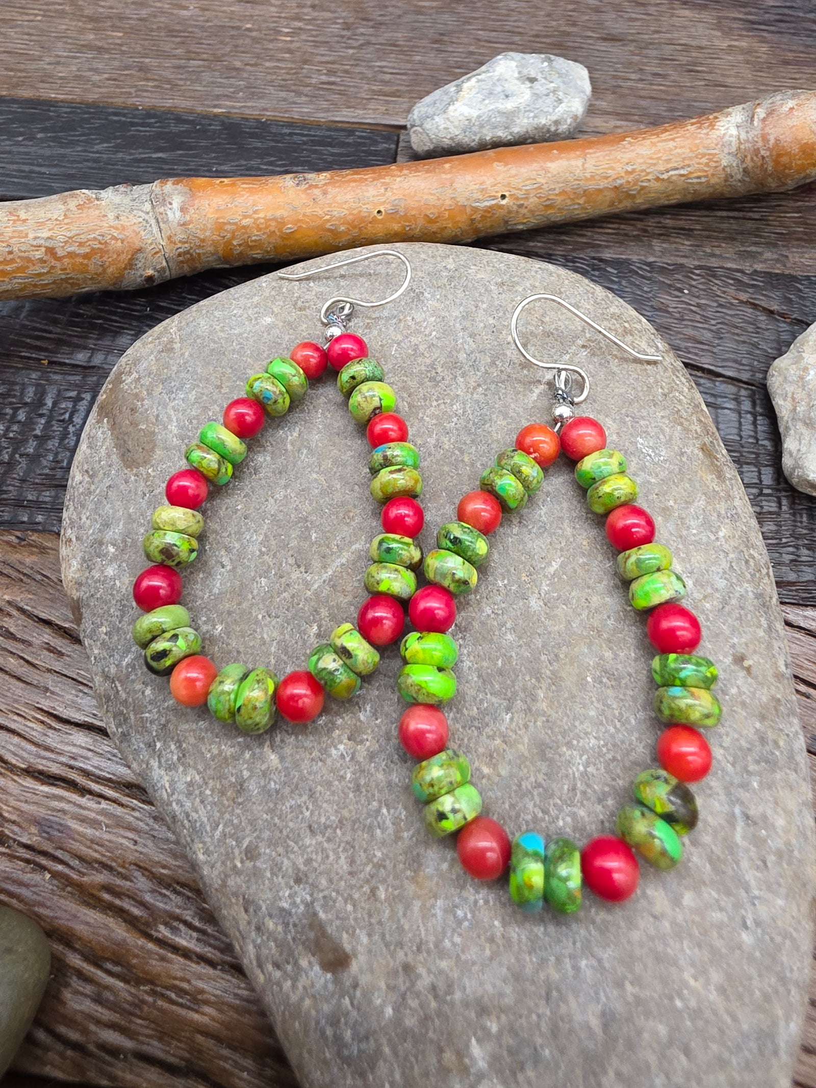 Apple Coral and Green Turquoise Rondelle Loop Earrings by Fred Archuleta