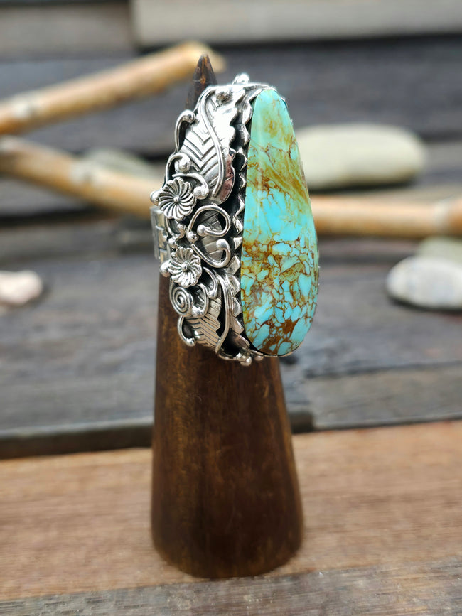 Large Turquoise and Sterling Silver Leaf Ring by Jimmy Garcia - Size 8