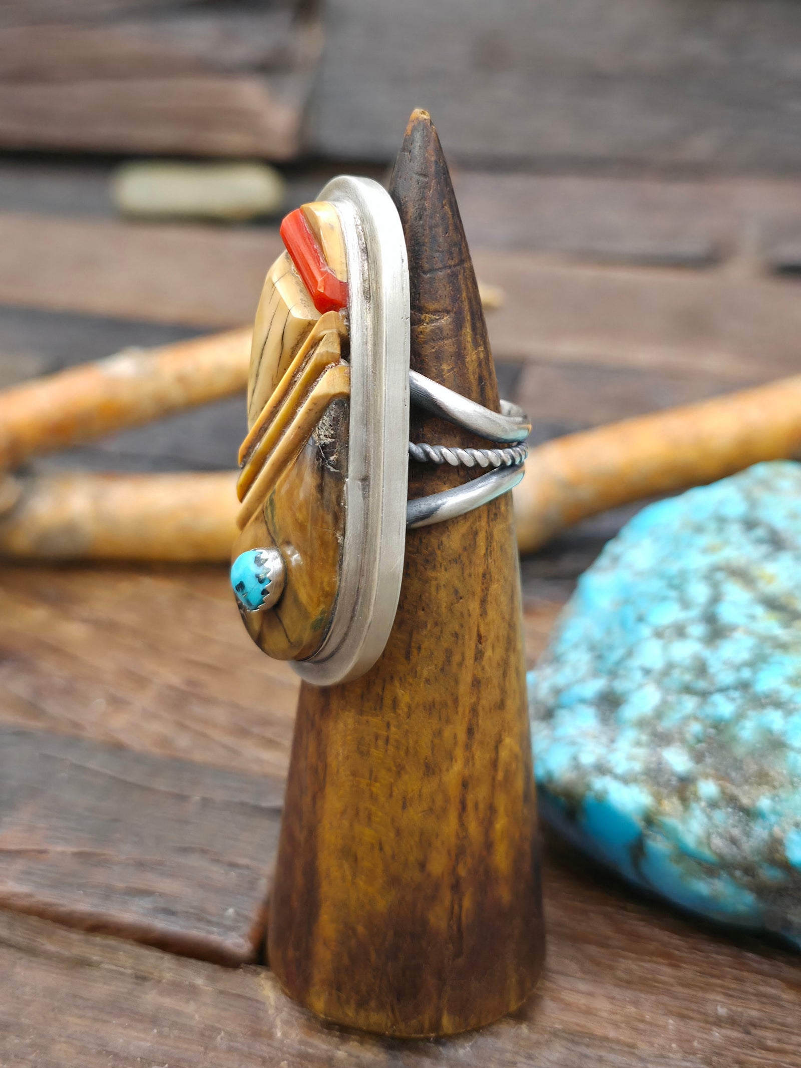 Sterling Silver Cobblestone Inlay Ring with Coral, Turquoise, and Fossil Ivory by Walter Vandever - Size 9 1/2
