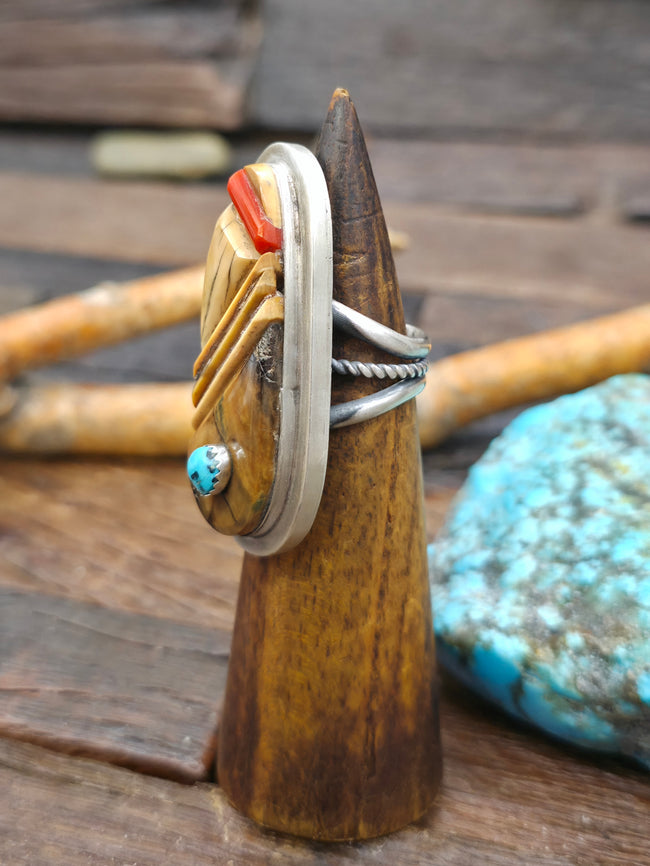 Sterling Silver Cobblestone Inlay Ring with Coral, Turquoise, and Fossil Ivory by Walter Vandever - Size 9 1/2
