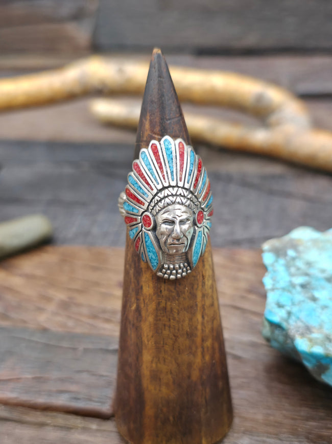 Large Sterling Silver Turquoise and Coral Chip Inlay Chief Ring - Size 10 - NON NATIVE MADE
