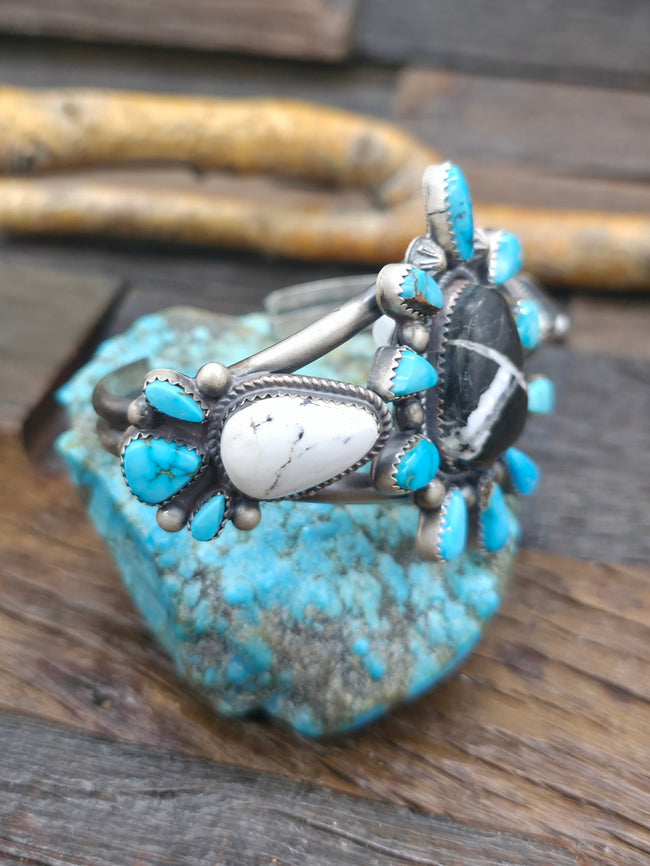 Sterling Silver White Buffalo and Blue Gem Turquoise Cuff by LaRose Ganadanegro - 6 3/4 in.