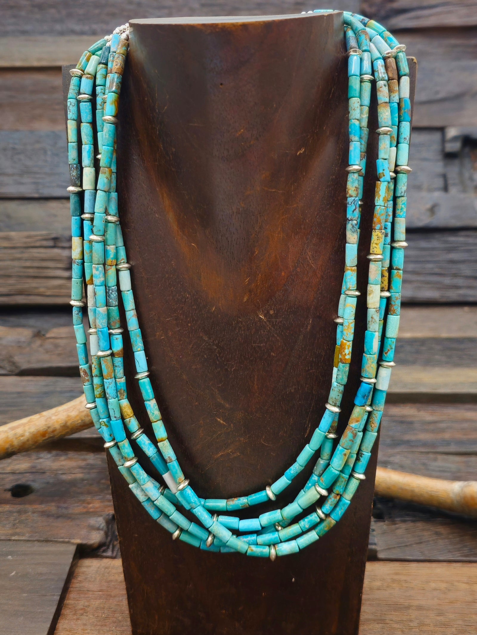 Five Strand Turquoise and Sterling Silver Bead Necklace - 20 in. + 9 in. Extender