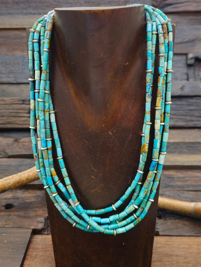 Five Strand Turquoise and Sterling Silver Bead Necklace - 20 in. + 9 in. Extender