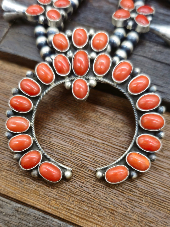 Coral Squash Blossom Sterling Silver Necklace and Earring Set by Blaine Yellowhorse