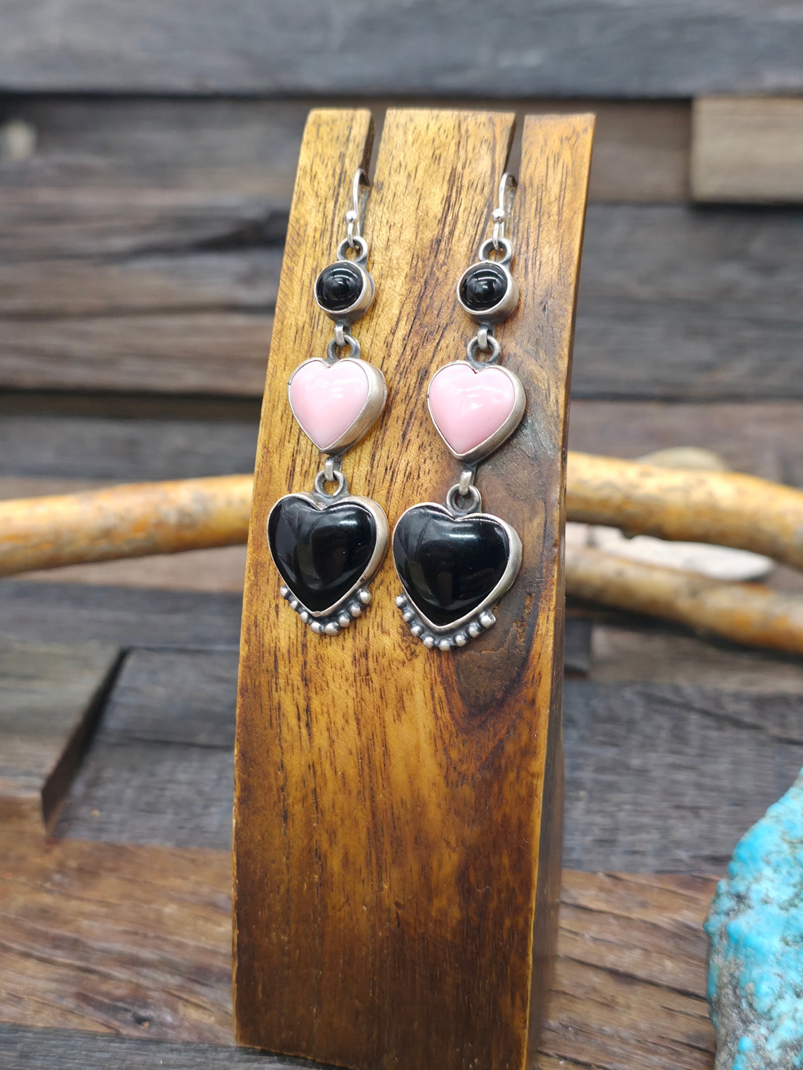 Sterling Silver Onyx and Pink Conch Heart Earrings by Evangeline Perry - 2 3/4 in. by 5/8 in.