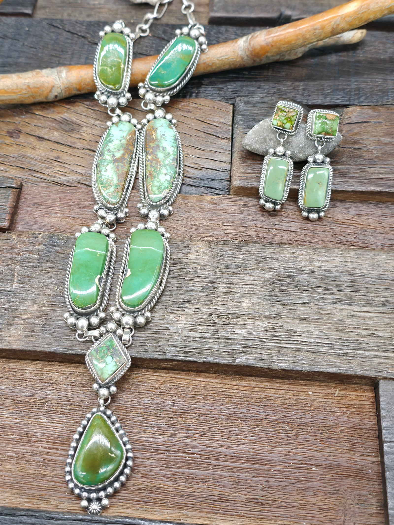 Sterling Silver and Kings Manassa Turquoise Lariat Necklace and Earring Set by Rosella Paxson - 26 in. with 3 in. Drop