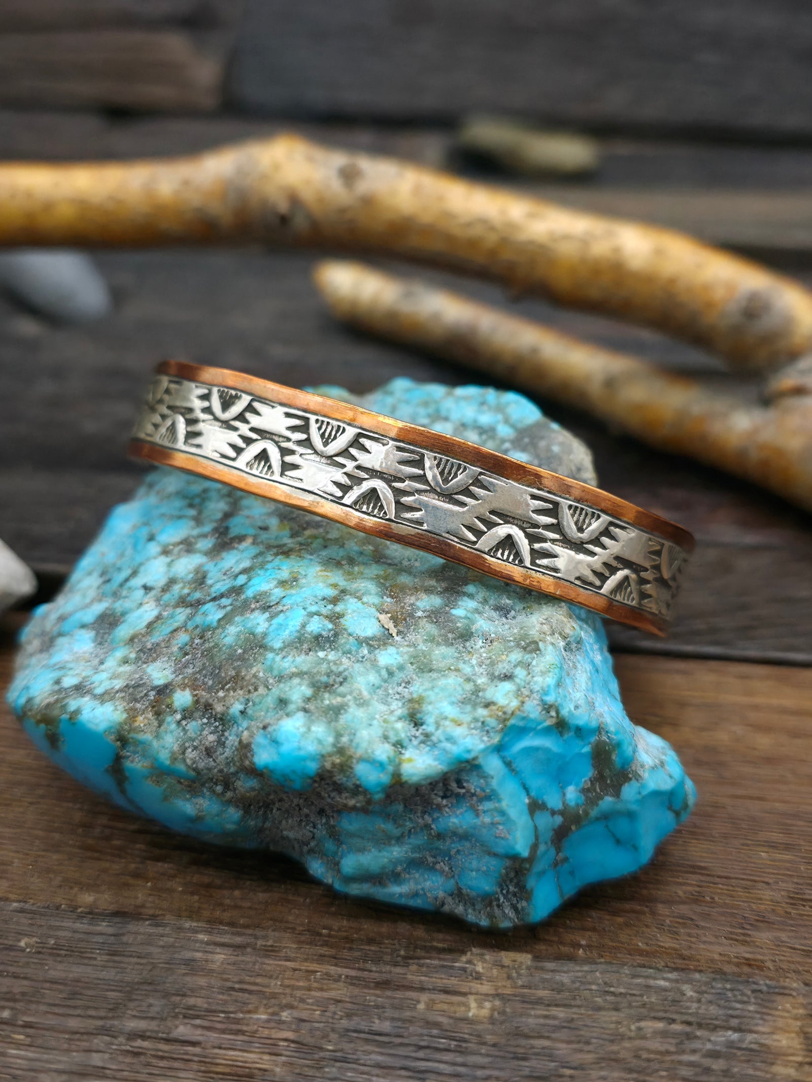 Narrow Copper and Stamped Sterling Silver Cuff by Wylie Secatero - 7 in w/Gap