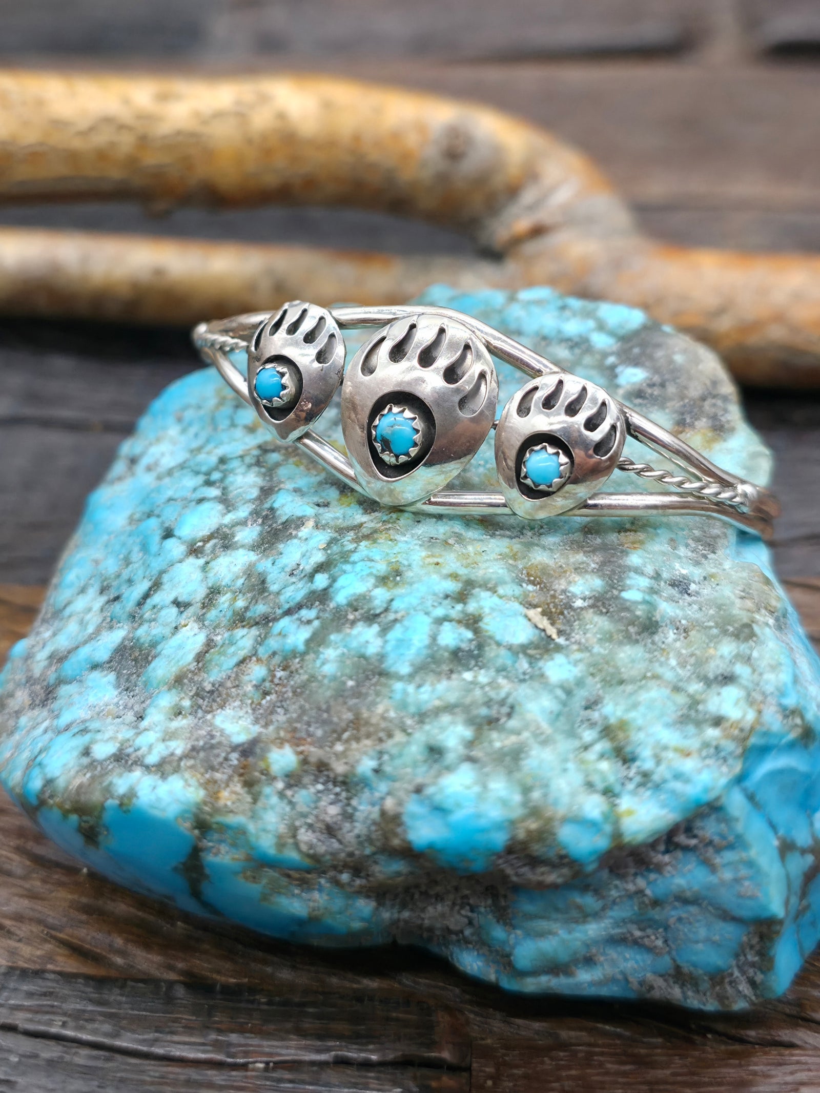Turquoise and Sterling Silver Three Bear Paw Cuff by Janice Spencer - 6 1/2 in.