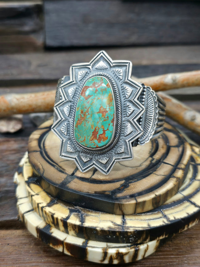Green Turquoise Sterling Silver Cuff by Leon Martinez - 6 1/2 in.