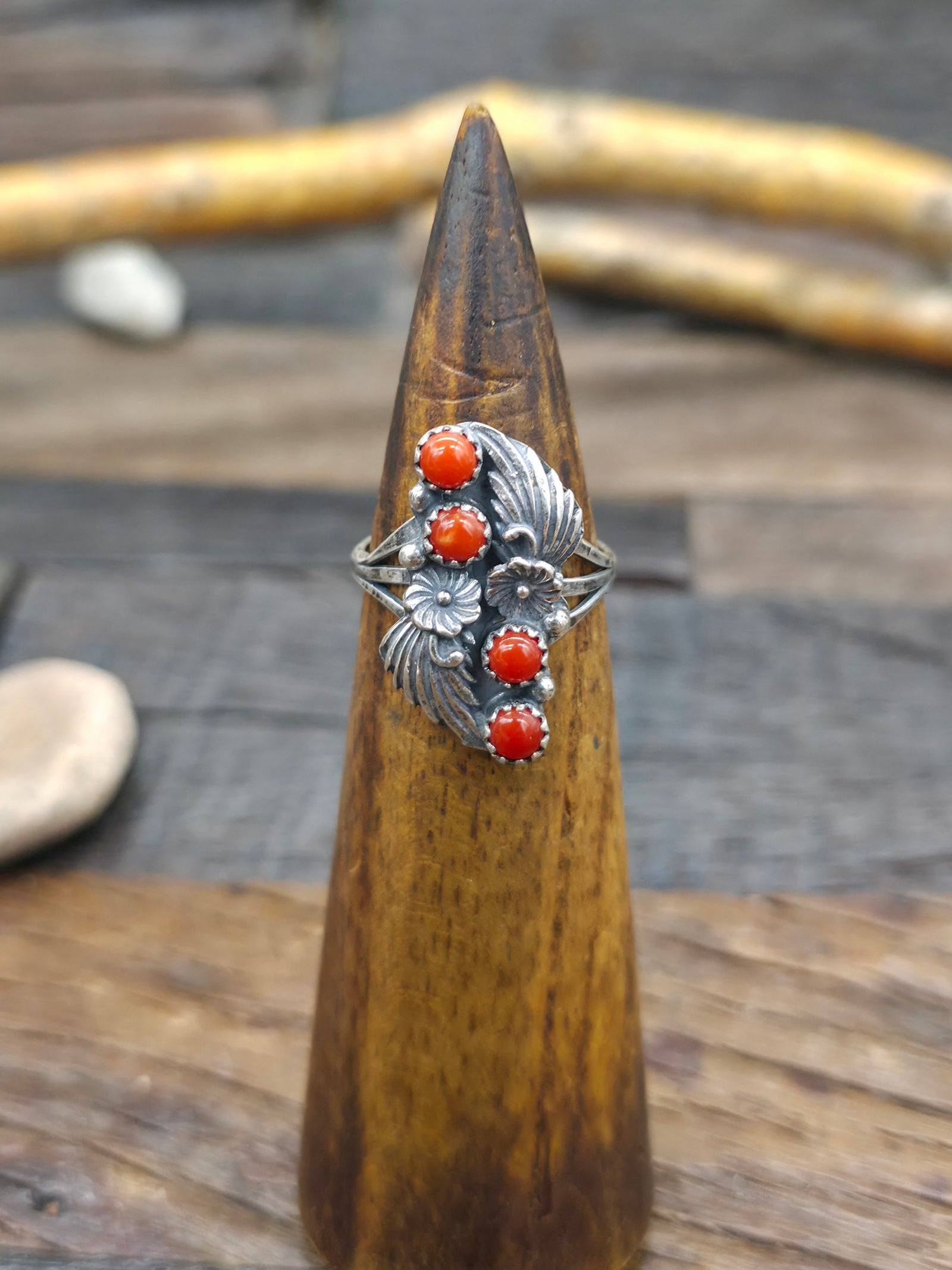 Sterling Silver Flower and Leaf Applique Ring with Coral by Judy Largo - Size 8 1/2