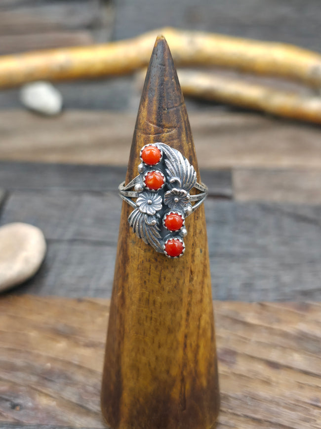 Sterling Silver Flower and Leaf Applique Ring with Coral by Judy Largo - Size 8 1/2