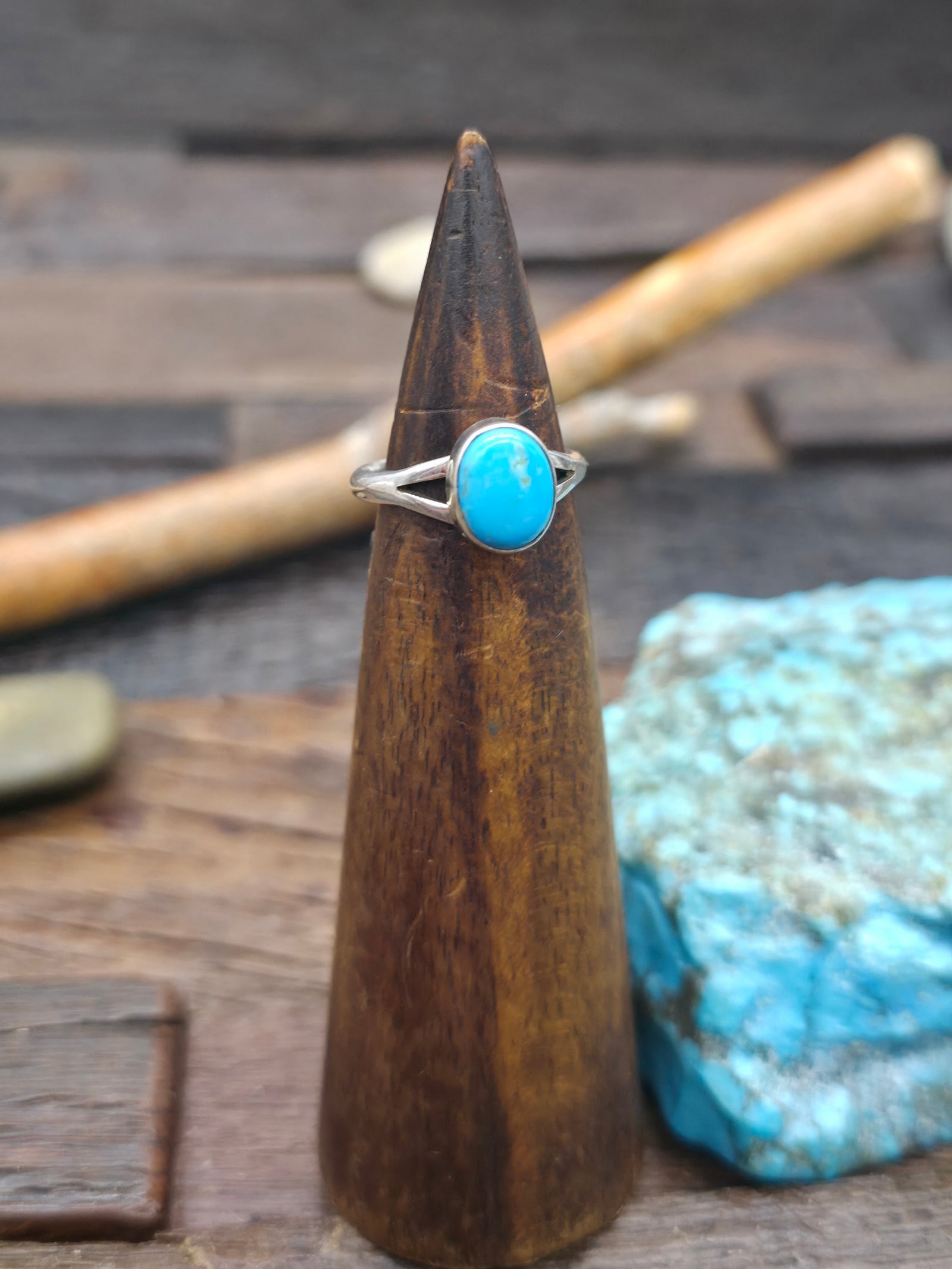 High Shine Sterling Silver and Blue Turquoise Ring by "A" - Size 6 1/2
