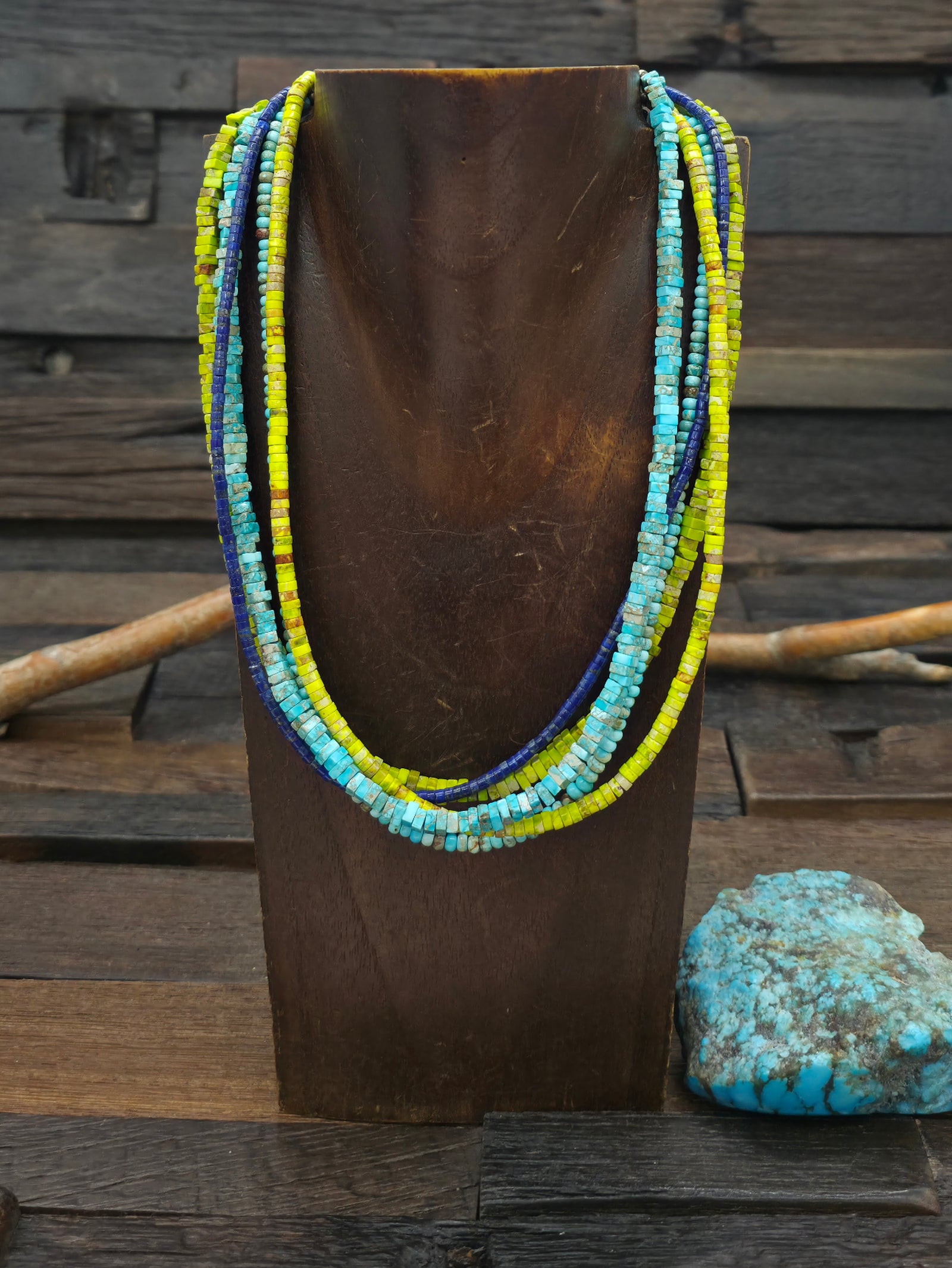 Five Strand Blue and Green Turquoise and Lapis Necklace by Fred Archuleta - 19 in.