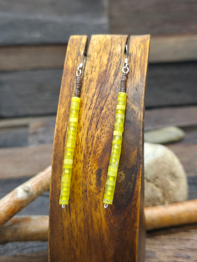 Serpentine and Olive Shell Heishi Earrings by Torevia Crespin