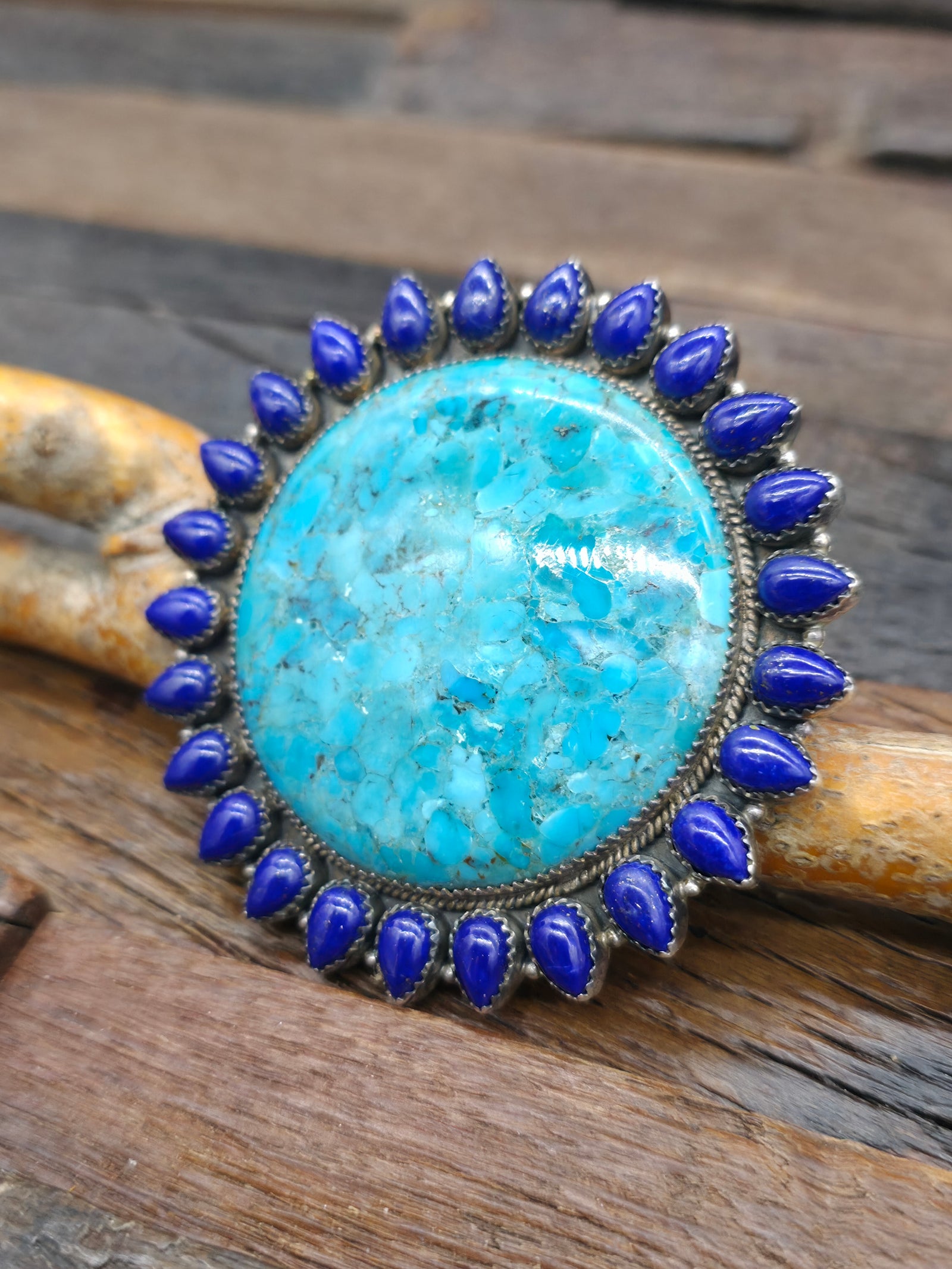 Turquoise and Lapis Sterling Silver Statement Ring - Size 11