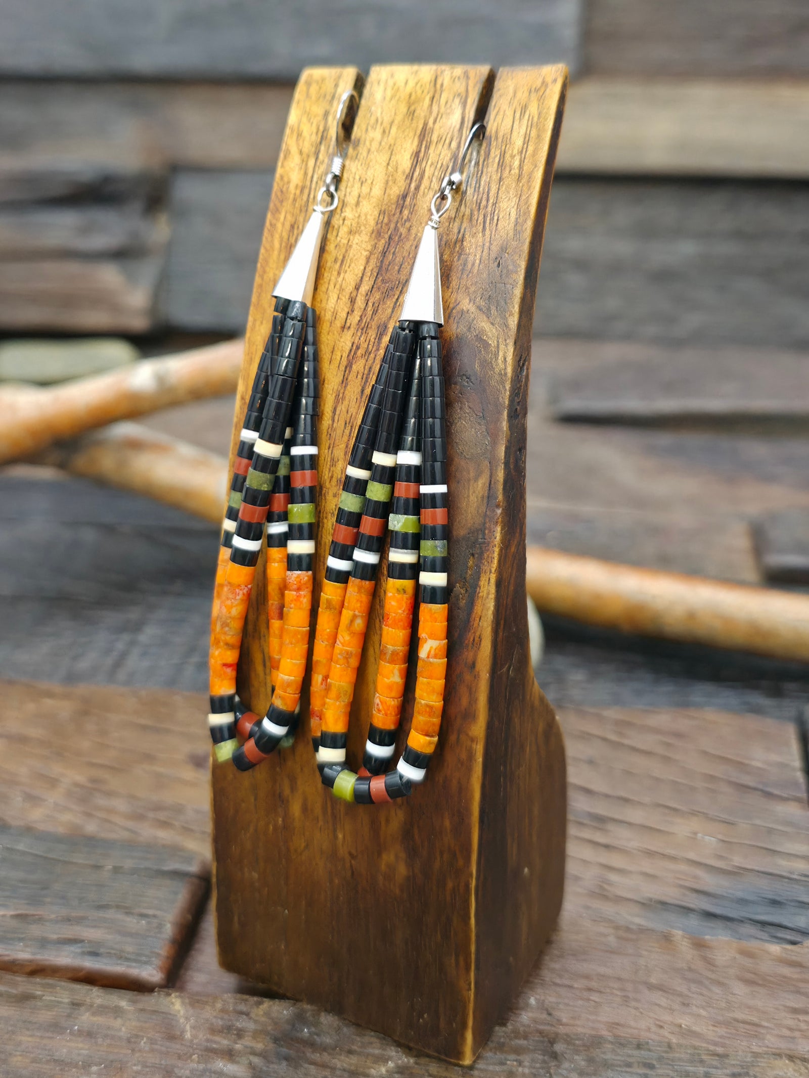 Heishi Earrings by Dorene Calabaza - Jet and Orange Sponge Coral - 4 in. by 1 in.