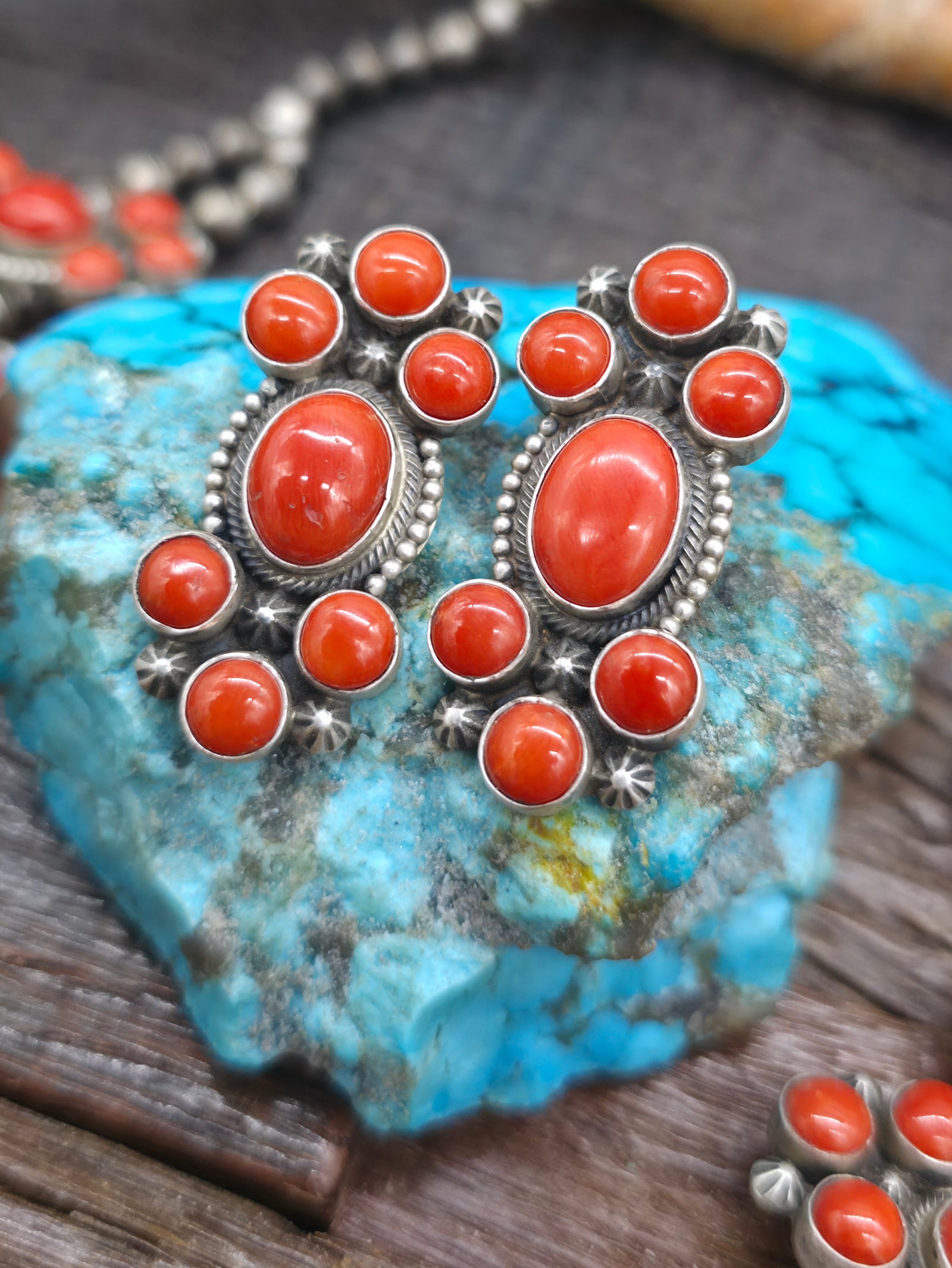 Sterling Silver Coral Squash Blossom Necklace and Earring Set by Freddy Maloney- 26 in.