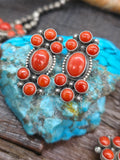 Sterling Silver Coral Squash Blossom Necklace and Earring Set by Freddy Maloney- 26 in.