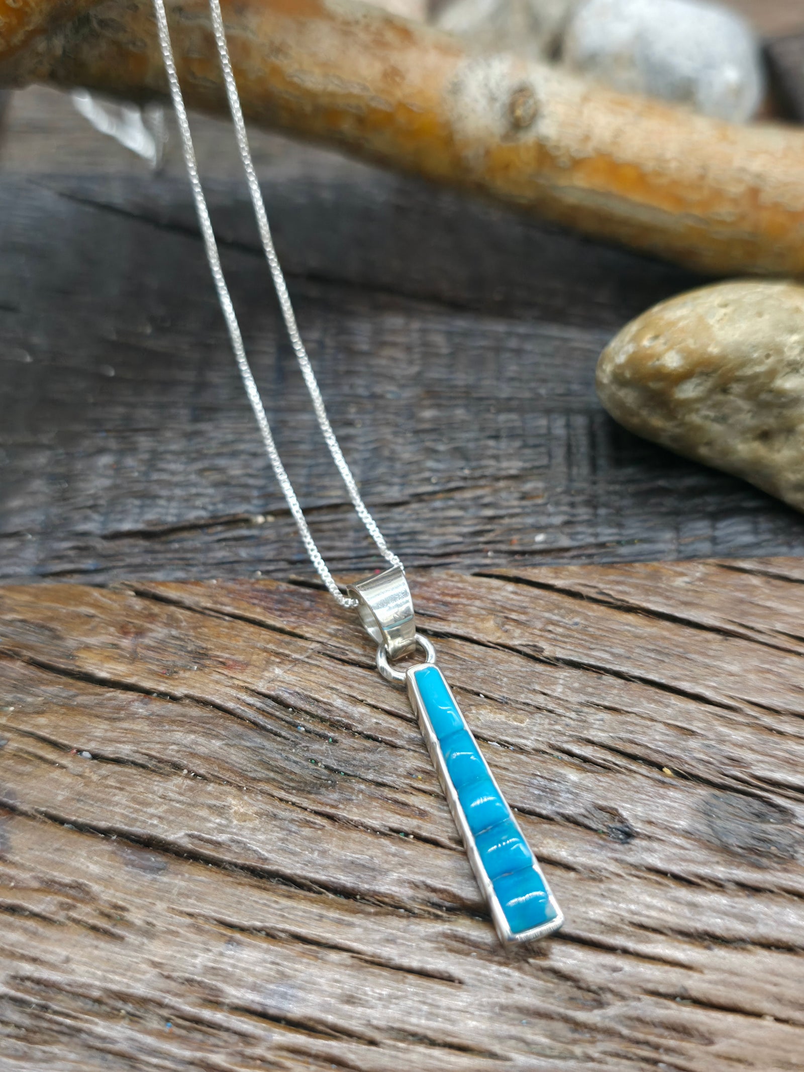 Sterling Silver Turquoise Cobblestone Inlay Pendant on Chain by Rick Tolino - 18 in.